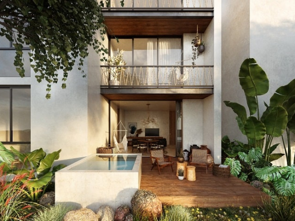 Terraza privada en la planta baja con piscina junto al jardín y balcones en Uxul Tulum by Anah