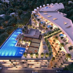 Vue de dessus de l'immeuble résidentiel avec terrasses avec piscine privée et piscine principale sur les toits de Marila
