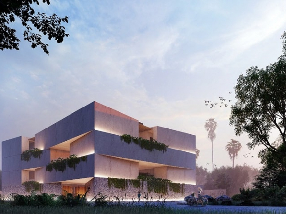 Edificio de forma cuadrado blanco sin ventana residencial junto a la jungla en Nodo Tulum