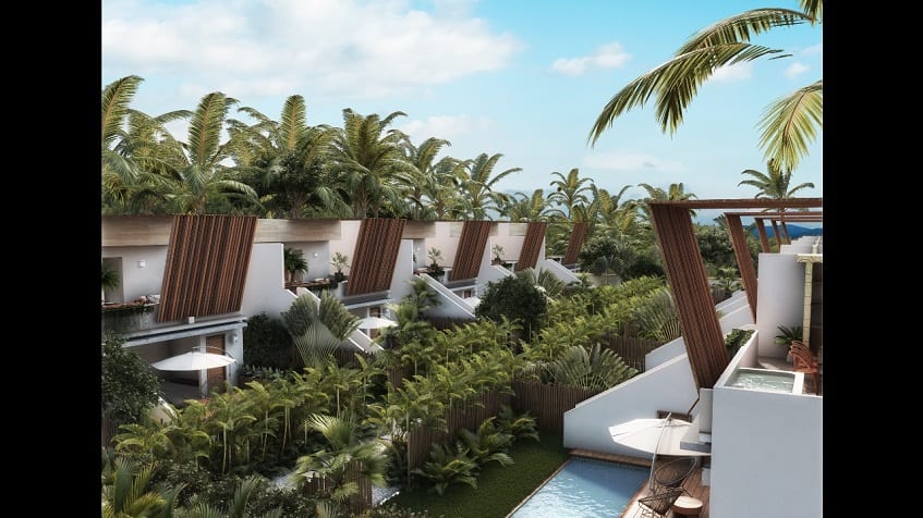 Two rows of houses and garden in the middle in Asana Leaf Tulum