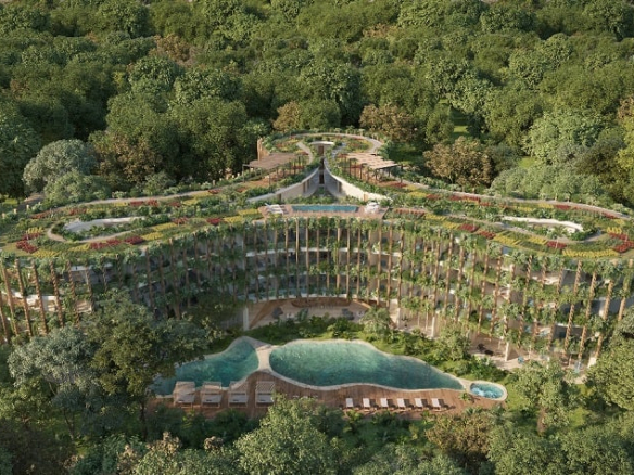 Original building shape with roof garden and plants on the facade and pool at Mistiq Garden