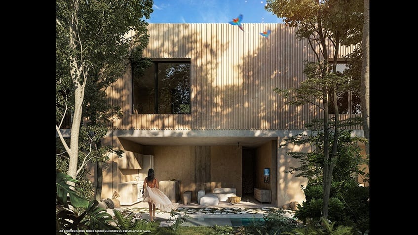 Facade of two level house with open wall living room and terrace with pool with standing woman in Edena Tulum.