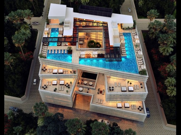 Vista de la azotea del edificio residencial con piscina y terrazas privadas en Singular Dream Residence Hotel