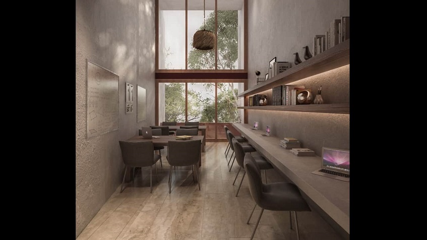 Coworking room with shelves and chairs in Bacab Tulum