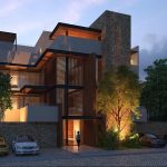 Façade de l'immeuble de nuit avec parking à Kalmuk Tulum