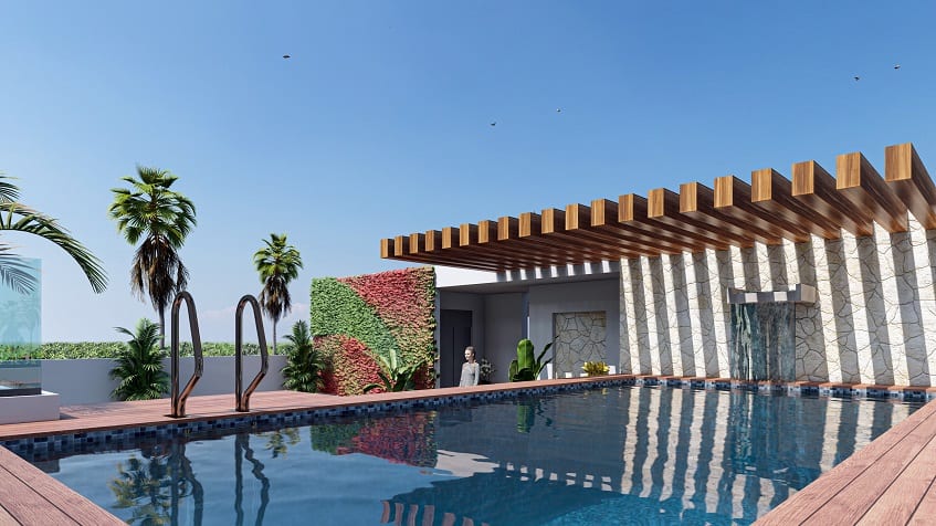Agua cayendo a la piscina en Mya Ocean Diamond
