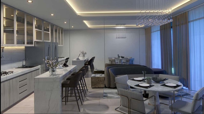 Cocina de mármol y mesa de comedor redonda en Distrito Morelos