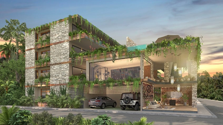 Fachada decorada con plantas en Xamira Tulum