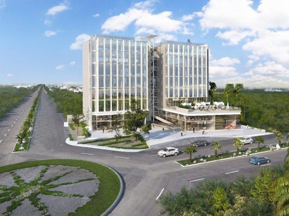 Façade of the Humana Workcenter business building by traffic circle