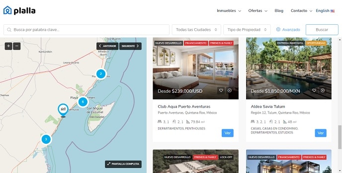 Pagina web de buscador de propiedades mostrando un mapa y cuatro propiedades en venta