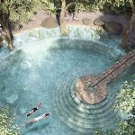 Vue de dessus de la piscine ronde dans le jardin et de deux femmes nageant dans Beecheii