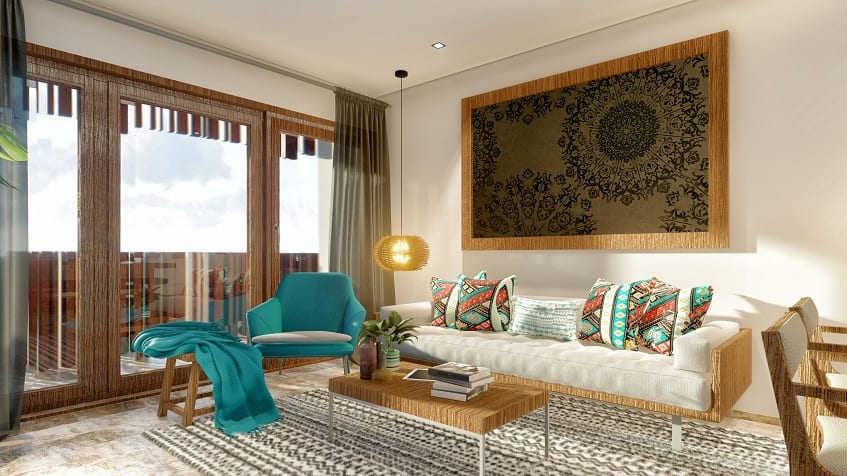 Salón con sofá blanco y coloridos detalles decorativos en Amira District