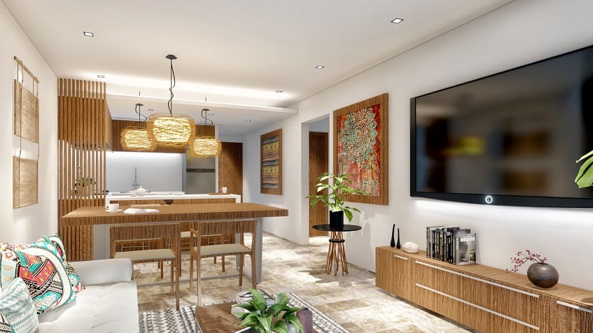 Luminoso salón con mesa de comedor en Amira District