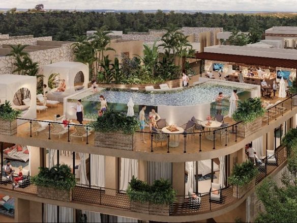 Fachada de edificio residencial con piscina en la azotea, bar y gente dando vueltas en Solum Tulum