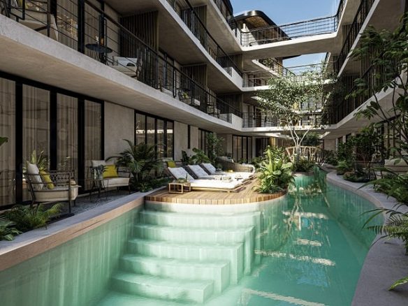 Alberca en planta baja y terrazas privadas en Santal Tulum