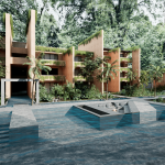 Vue de la piscine avec foyer à Artra Tul