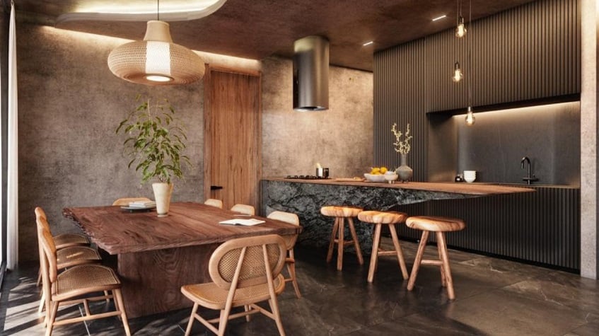 Cocina y comedor con pared y techo iluminados en Maiim Oceanfront Living