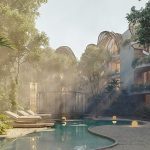 Facade of a residential building with balconies and a pool after sunset at Selva Ambar Tulum