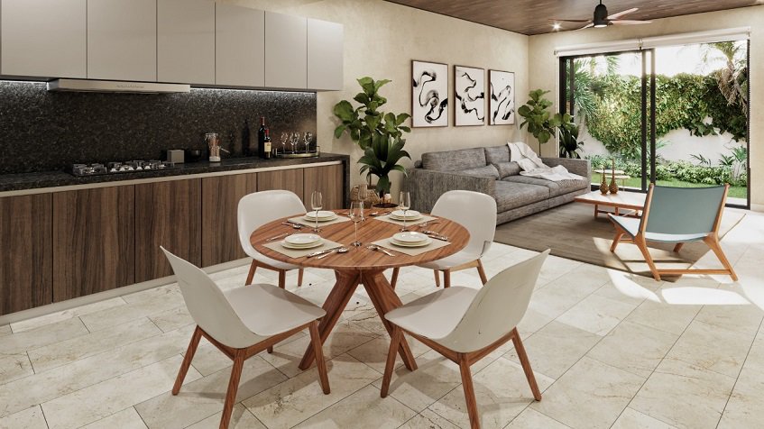 Juego de cocina y mesa redonda para una cena para cuatro, sala en Porto Blu Puerto Morelos