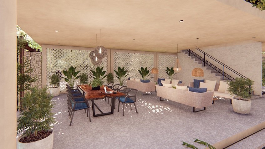 Large living room with tables and sofas,white staircase in Home Koh Tulum