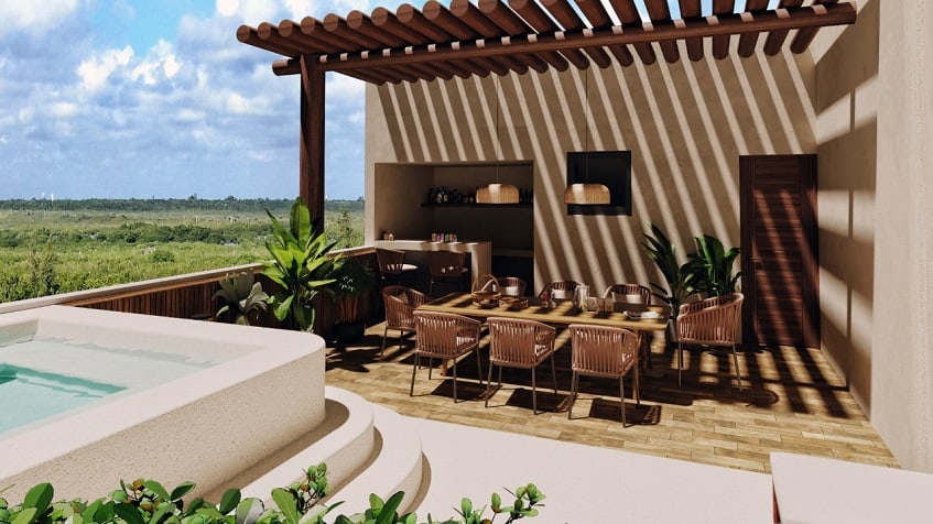 Pequeño jacuzzi y comedor, vista a la jungla en Porto Blu Puerto Morelos
