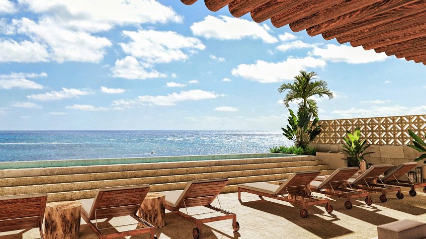 Solarium y vista al mar, alberca en Porto Blu Puerto Morelos