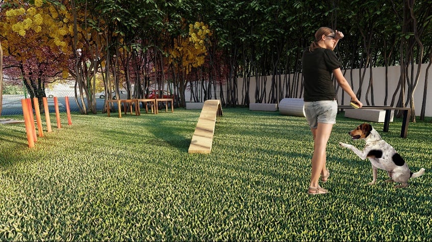 Pet park and a woman walking with a dog in Bali in the Riviera Maya