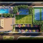 Plano isométrico de canchas deportivas, piscina y edificio en Bali en la Riviera Maya