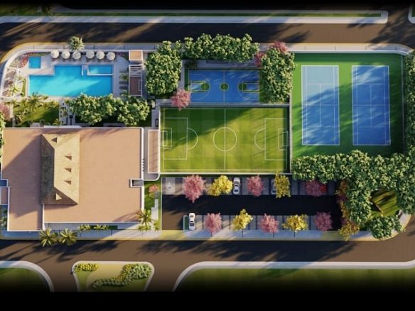 Plano isométrico de canchas deportivas, piscina y edificio en Bali en la Riviera Maya