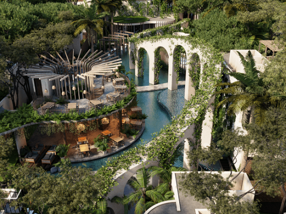 Construcción de arcade y pool garden entre edificios residenciales Atman Place Tulum