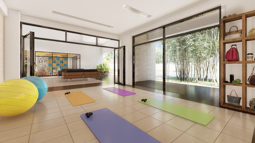 Yoga room with mats on the floor and two big balls in Bali in Riviera Maya