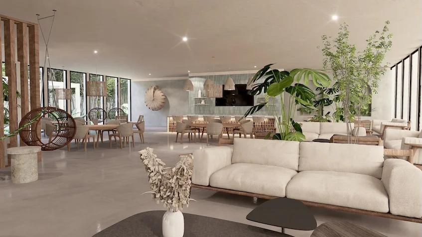 Area de coworking en Okun Living Cancun