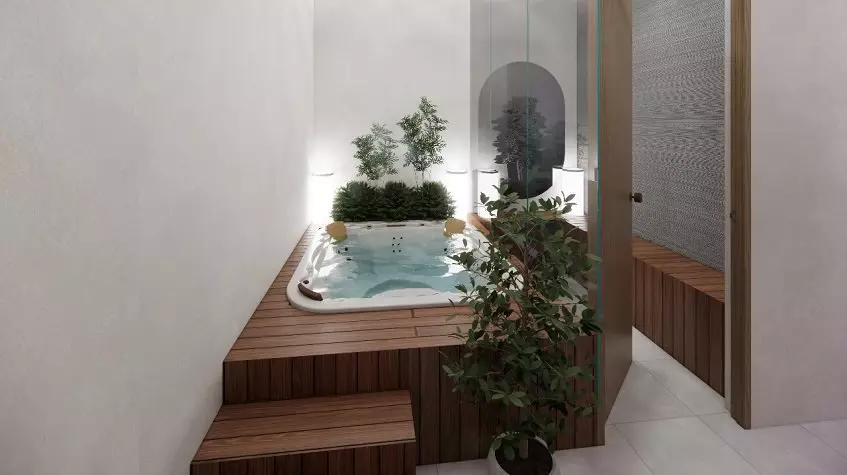 Jacuzzi tub surrounded by wooden deck and vegetation, open door to another room in Sur 307 Condominios