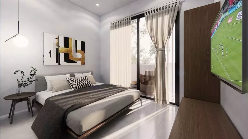 Bedroom with bed facing the soccer game on the TV screen, terrace in Sur 307 Condominios