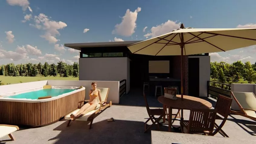 Azotea con jacuzzi, mujer acostada en una tumbona, sombrilla de jardín con sillas y mesa en Mayakoba House