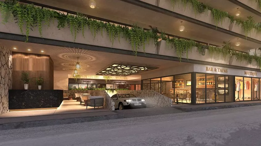Commercial facade of residential building and car living from underground parking at Isabella Condos