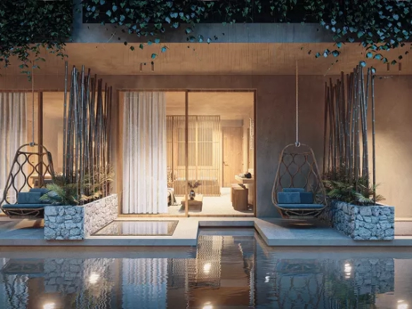 Terrazas de alberca y vista interior del departamento en Casa Makram Tulum
