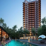 Espace piscine et personnes se relaxant autour d'une pergola, immeuble résidentiel de grande hauteur à View Towers Cancun