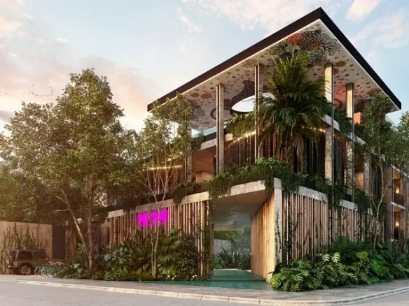 Facade of a residential building with a roof over a rooftop, vegetation at The Tribe Tulum