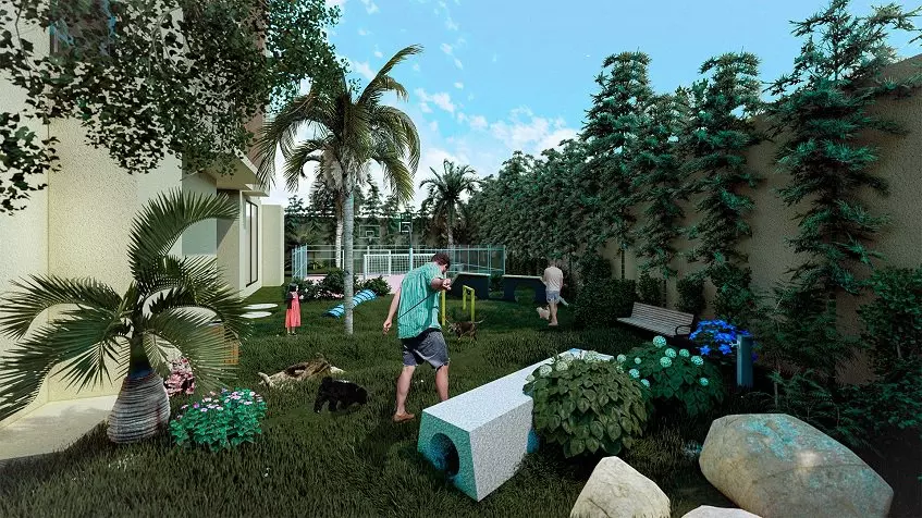 Zone verte et personnes se promenant avec leurs animaux de compagnie à Valle Aurora Cancún