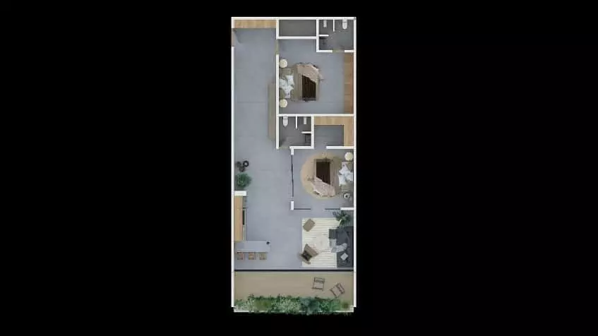 Plano de planta de dos habitaciones con terraza en Isabella Condos