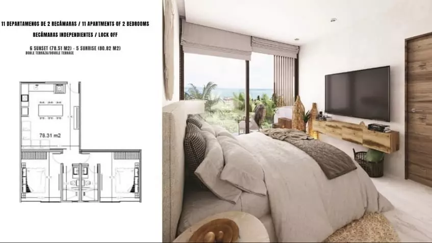 Imagen del bedroom y plano de planta de un condominio en Ix Puerto Morelos Condos