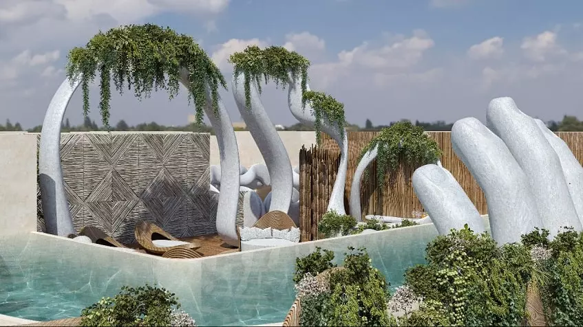 Piscina con un diseño moderno en forma de mano enorme, plantas verdes dando vueltas y en Kaan Kuja