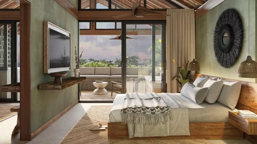 Recamara con una cama frente a una pantalla de TV, terraza en Acalai Beach Tulum