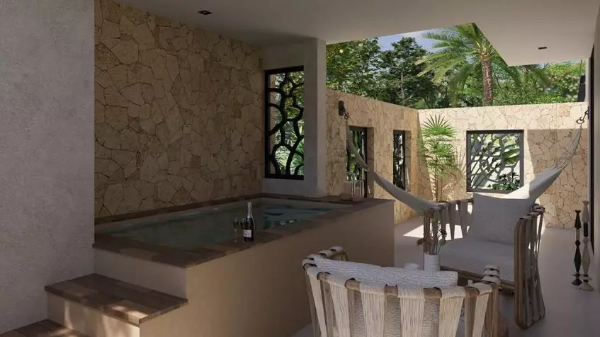 Plunge pool terraza con espumante y dos copas, hamaca en Xama Tulum