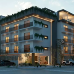 Façade d'angle éclairée d'un immeuble résidentiel, parking devant Lik Xelba