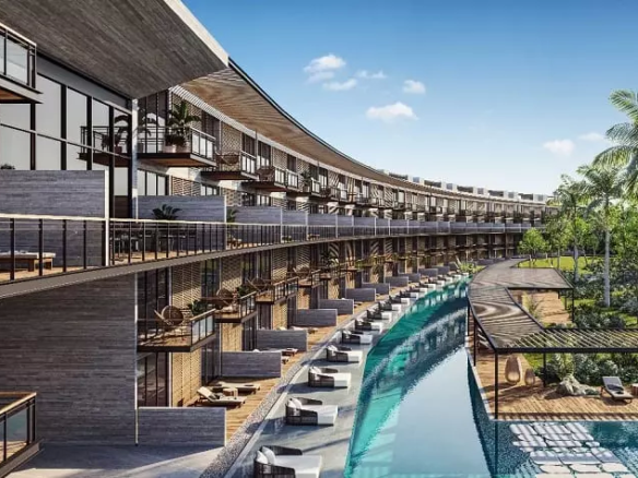 Fachada de edificio residencial y gran piscina en forma de río en Awa Corasol