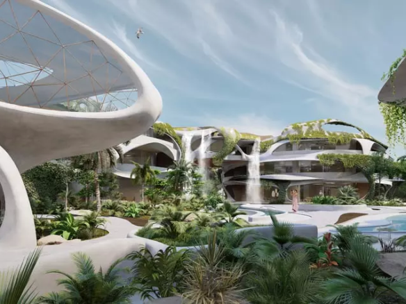 Piscina en el jardín y edificio residencial con agua cayendo desde la azotea en Azulik Residences Tulum