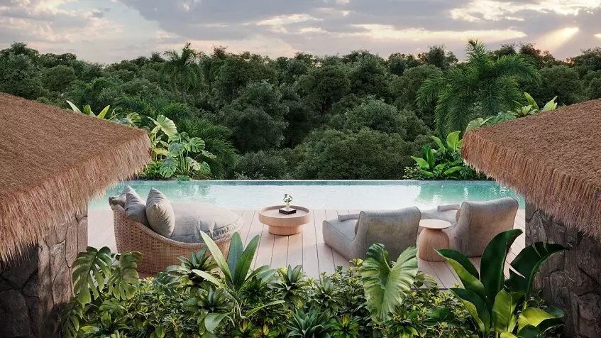 Terraza con piscina en la azotea, vista a la jungla en Brahma Tulum