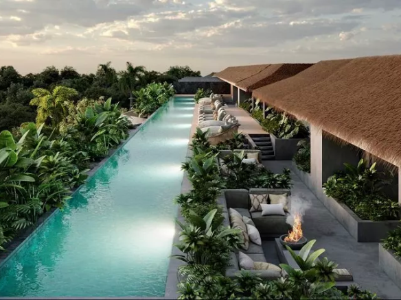 Piscina en la azotea y sala de estar, fogatero, vista a la jungla en Brahma Tulum